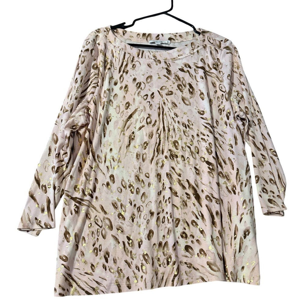 Chicos Pima Cotton Animal Print Gold Foil Top 3/4 Sleeve Size 3 XL
